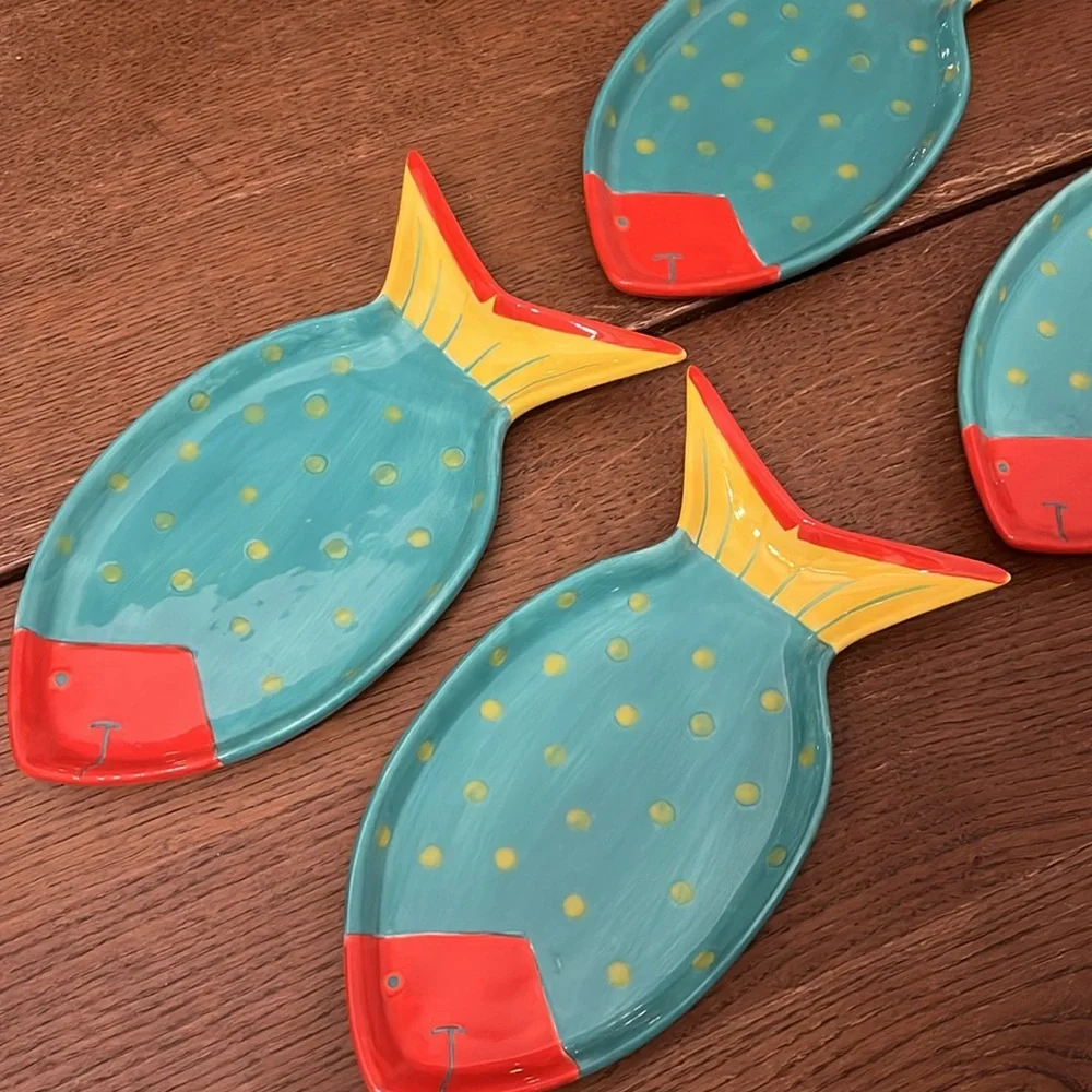 4 Foreside Vintage Colorful Fish Shaped Ceramic Plates